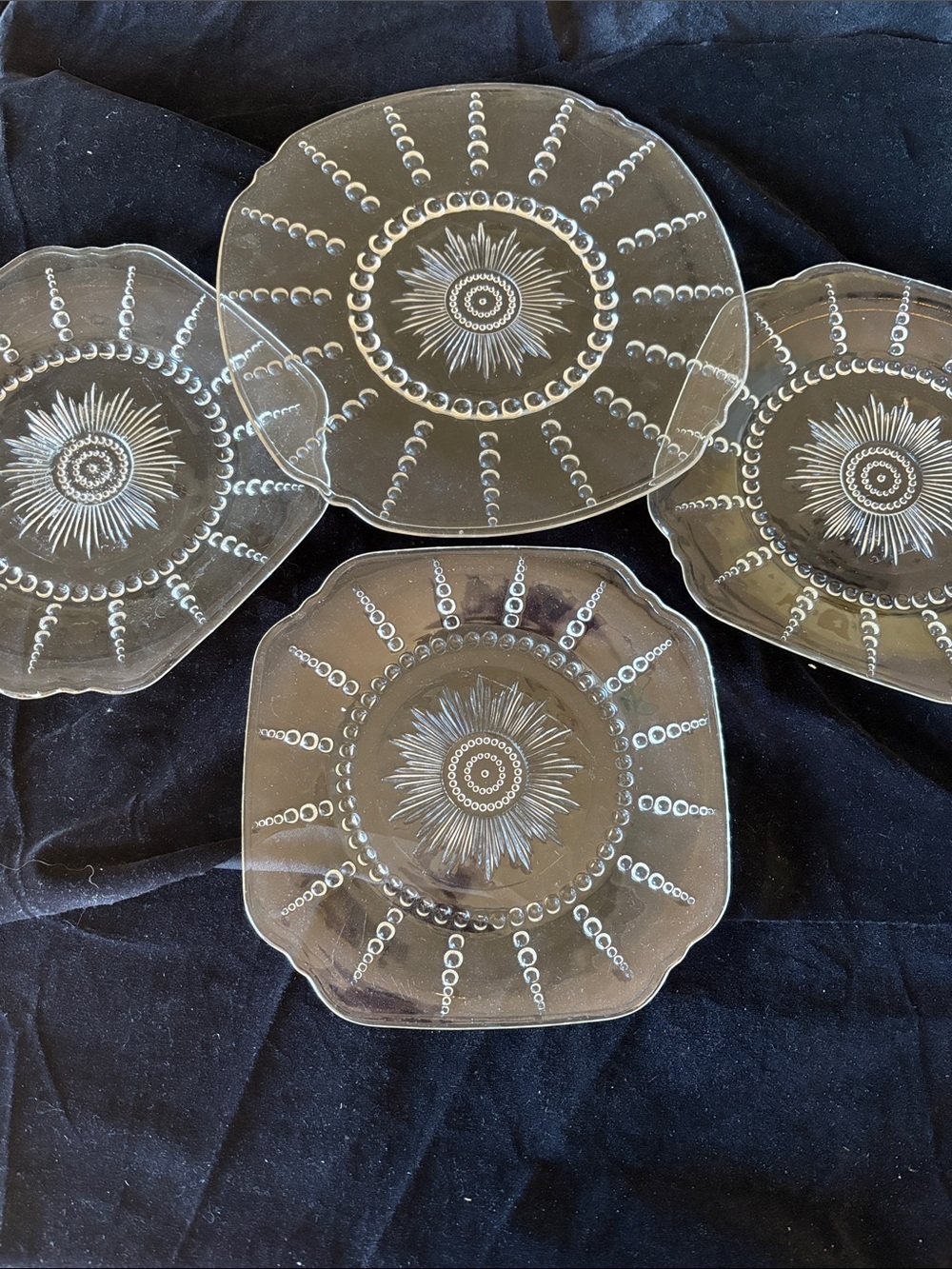 Clear Glass Sunburst Dessert Plates set of 3 and 1 serving platter